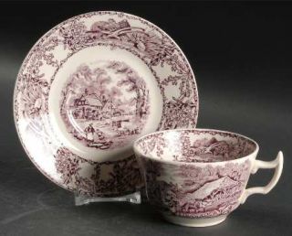 Royal Staffordshire Rural Scenes Purple (Round) Flat Cup & Saucer Set, Fine Chin