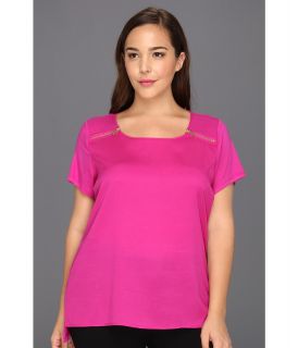 Calvin Klein Plus Size Printed MX Media Zip Tee Womens Short Sleeve Pullover (Pink)