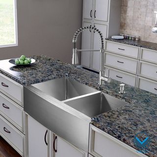 Vigo All in one 36 inch Farmhouse Stainless Steel Double Bowl Kitchen Sink/ Faucet Set