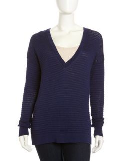 Open Knit V Neck Pullover Sweater, Ink
