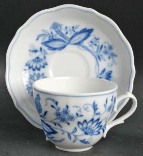 Tirschenreuth Blue Onion Flat Cup & Saucer Set, Fine China Dinnerware   Zwebelmu