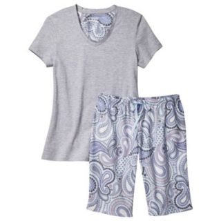Womens Top/Short Pajama Set   Grey/Blue Paisley L