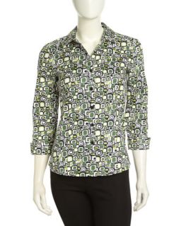 Printed Button front Top, Black Multi