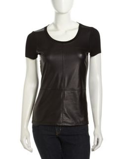 Paneled Faux Leather Short Sleeve Top, Black