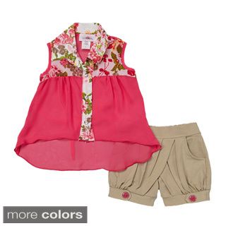 Toddler/ Girls Floral Button up Tank And Tan Shorts Set