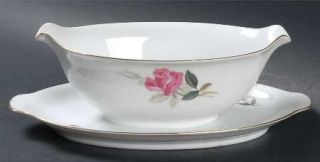 Sango Bara Gravy Boat with Attached Underplate, Fine China Dinnerware   Pink Ros