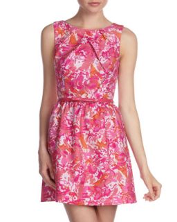 Fit and Flare Belted Dress, Magenta