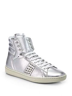Saint Laurent Spiked Metallic Leather High Top Sneakers   Silver