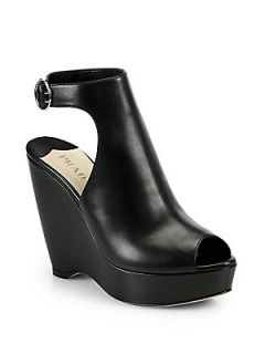 Prada Leather Ankle Strap Wedge Sandals