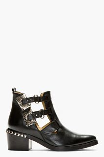 Toga Pulla Black Leather Carved Hardware Ankle Boots