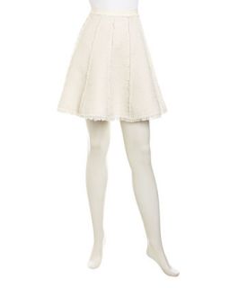 Tweed Fringed Detail Godet Skirt, Cream/Optic White