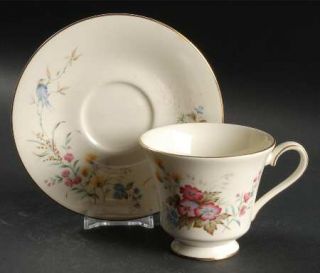 Minton Duet Footed Cup & Saucer Set, Fine China Dinnerware   Floral,Birds On Bra